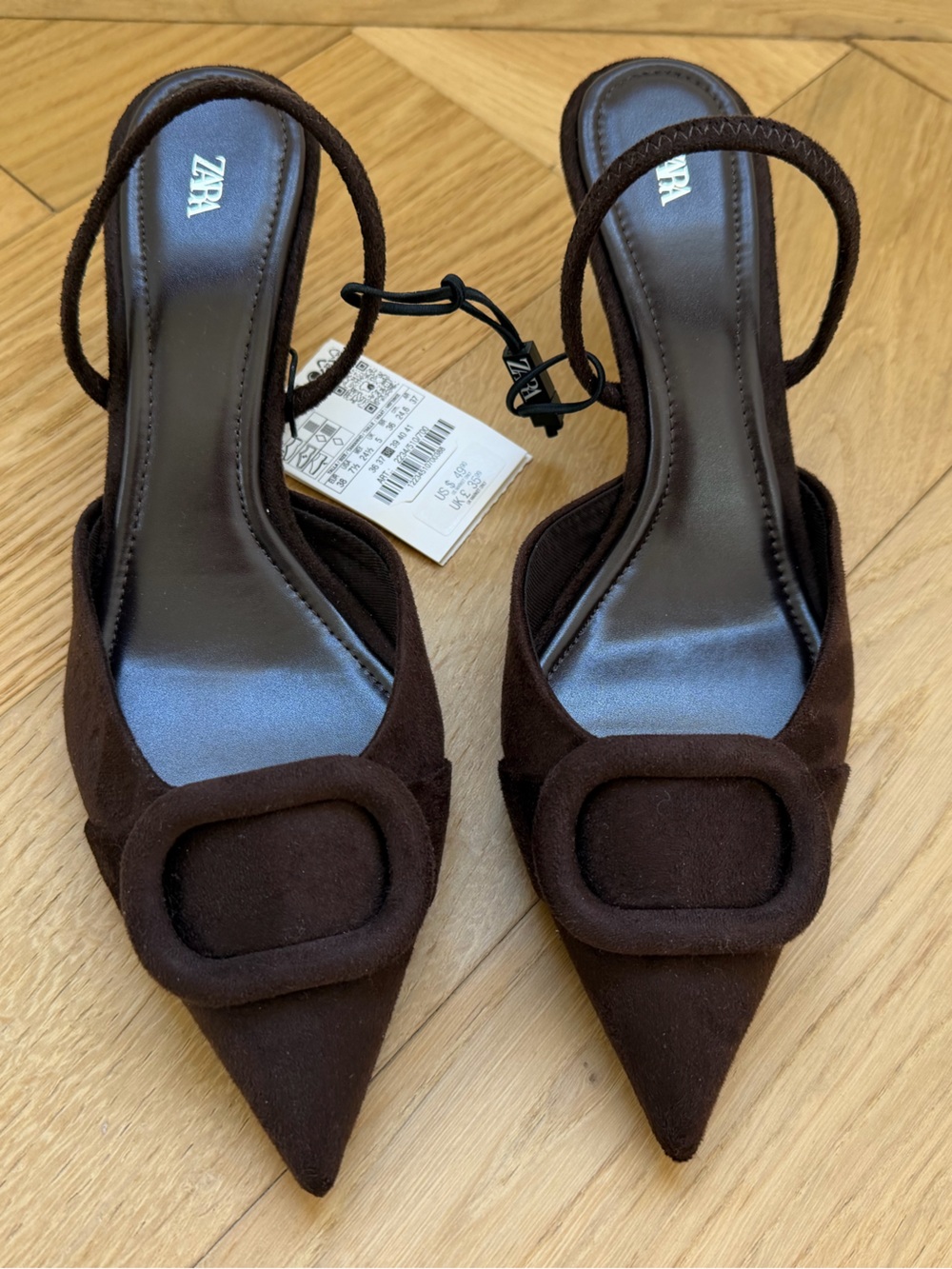 Zara Brown Suede Pointed Toe Slingback Kitten Heels NWT